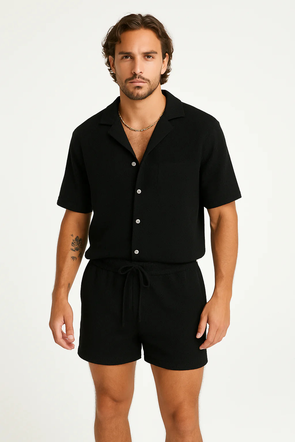 Men’s Shirt and Shorts Set - Short Sleeve Button-Up - Notched Collar - Elastic Waist Drawstring