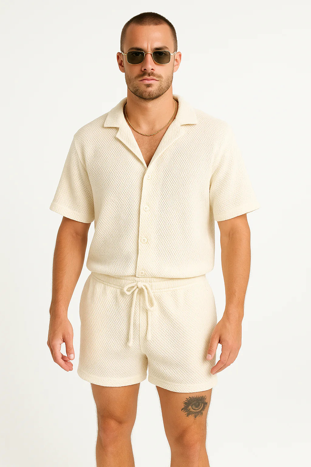 Men’s Shirt and Shorts Set - Short Sleeve Button-Up - Notched Collar - Elastic Waist Drawstring