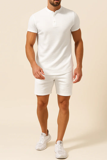 Men's Henley Shirt & Shorts Set – Slim Fit – Button Placket – Lightweight Breathable Fabric